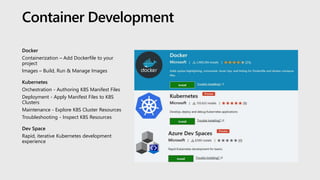 Container Development
Docker
Containerization – Add Dockerfile to your
project
Images – Build, Run & Manage Images
Kubernetes
Orchestration - Authoring K8S Manifest Files
Deployment - Apply Manifest Files to K8S
Clusters
Maintenance - Explore K8S Cluster Resources
Troubleshooting - Inspect K8S Resources
Dev Space
Rapid, iterative Kubernetes development
experience
 