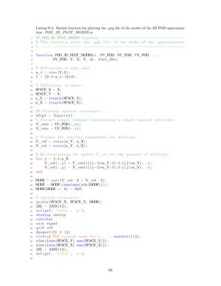 Listing D.4: Matlab function for plotting the .png ﬁle of the modes of the 2D POD approxima-
tion. POD_2D_PLOT_MODES.m
1 %% POD_2D_PLOT_MODES function =======================================
2 % This function plots the . png f i l e of the modes of the approximation
3 % ===================================================================
4
5 function POD_2D_PLOT_MODES( r , UU_POD, VU_POD, UV_POD, . . .
6 VV_POD, V, X, Y, dt , Curr_Dir )
7
8 % D efin ition of time span :
9 n_t = s i z e (V, 2 ) ;
10 t = [ 0 : 1 : n_t−1]∗ dt ;
11
12 % D efin ition of space :
13 SPACE_X = X;
14 SPACE_Y = Y;
15 n_Y = length (SPACE_Y) ;
16 n_X = length (SPACE_X) ;
17
18 %% Plotting s p a t i a l structures :
19 hfig1 = f i g u r e (1) ;
20 % Extract s i n g l e columns representing a s i n g l e s p a t i a l structure :
21 U_extr = UU_POD( : , r ) ;
22 V_extr = UV_POD( : , r ) ;
23
24 % Prepare the v e l o c i t y components f o r pl o tt in g :
25 U_vel = zeros (n_Y, n_X) ;
26 V_vel = zeros (n_Y, n_X) ;
27
28 % Re−structuring the matrix U_vel fo r the purpose of pl o tt in g :
29 f or j = 1 : 1 :n_X
30 U_vel ( : , j ) = U_extr ( ( ( j −1)∗n_Y+1) : 1 : ( ( j ) ∗n_Y) , : ) ;
31 V_vel ( : , j ) = V_extr ( ( ( j −1)∗n_Y+1) : 1 : ( ( j ) ∗n_Y) , : ) ;
32 end
33
34 MODE = sqrt (U_vel.^2 + V_vel .^2) ;
35 MODE = MODE/(max(max( abs (MODE) ) ) ) ;
36 MODE(MODE == 0) = NaN;
37
38 % Spatial structures :
39 pcolor (SPACE_X, SPACE_Y, MODE) ;
40 [M] = AXIS(12) ;
41 set ( gcf , ’ color ’ , ’w ’ ) ;
42 shading interp
43 colorbar
44 axis equal
45 grid o f f
46 daspect ( [ 1 1 1 ] )
47 t i t l e ( [ ’POD s p a t i a l mode f or r = ’ , num2str ( r ) ] ) ;
48 ylim ( [ min(SPACE_Y) max(SPACE_Y) ] ) ;
49 xlim ( [ min(SPACE_X) max(SPACE_X) ] ) ;
50 [M] = AXIS(12) ;
51 set ( gcf , ’ color ’ , ’w ’ ) ;
52
69
 