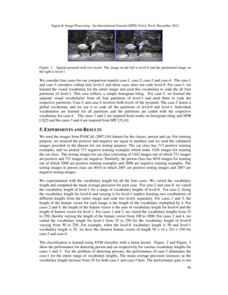 Signal & Image Processing : An International Journal (SIPIJ) Vol.4, No.6, December 2013

Figure. 1. Spatial pyramid with two levels. The image on the left is level-0 and the partitioned image on
the right is level-1.

We consider four cases for our comparison namely case-1, case-2, case-3 and case-4. The case-1
and case-3 considers coding only level-1 and these cases does not code level-0. For case-1, we
learned the visual vocabulary for the entire image and used this vocabulary to code the all four
partitions of level-1. This case reflects a simple histogram tiling. For case-3, we learned the
separate visual vocabularies from all four partitions of level-1 and used them to code the
respective partitions. Case-2 and case-4 involves both levels of the pyramid. The case-2 learns a
global vocabulary and we use it to code all the partitions of level-0 and level-1. Individual
vocabularies are learned for all partitions and the partitions are coded with the respective
vocabulary for case-4. The cases 1 and 2 are inspired from works on histogram tiling and SPM
[1][2] and the cases 3 and 4 are inspired from SPC [3] [4].

5. EXPERIMENTS AND RESULTS
We used the images from PASCAL-2007 [16] dataset for the classes, person and car. For training
purpose, we ensured the positive and negative are equal in numbers and we used the validation
images provided in the dataset for our testing purpose. The car class has 713 positive training
examples, and we picked 713 negative training examples which make 1426 images for training
the car class. The testing images for car class consisting of 1442 images out of which 721 images
are positive and 721 images are negative. Similarly, the person class has 4016 images for training
out of which 2008 are positive training examples and 2008 are negative training examples. The
testing images in person class are 4014 in which 2007 are positive testing images and 2007 are
negative testing images.
We experimented with the vocabulary length for all the four cases. We varied the vocabulary
length and computed the mean average precision for each case. For case-2 and case-4, we varied
the vocabulary length of level-1 for a range of vocabulary lengths of level-0. For case-2, fixing
the vocabulary length for level-0 and varying it for level-1 implies learning two vocabularies of
different lengths from the entire image and code two levels separately. For cases 1 and 3, the
length of the feature vector for each image is the length of the vocabulary multiplied by 4. For
cases 2 and 4, the length of the feature vector is the sum of vocabulary length for level-0 and the
length of feature vector for level-1. For cases 1 and 3, we varied the vocabulary lengths from 25
to 250, thereby varying the length of the feature vector from 100 to 1000. For cases 2 and 4, we
varied the vocabulary length for level-1 from 25 to 250 for the vocabulary length of level-0
varying from 50 to 250. For example, when the level-0 vocabulary length is 50 and level-1
vocabulary length is 25, we have the shortest feature vector of length 50 + (4 x 25) = 150 for
case-2 and case-4.
The classification is learned using SVM classifier with a linear kernel. Figure. 2 and Figure. 3
show the performance for detecting person and car respectively for various vocabulary lengths for
cases 1 and 3. For the problem of detecting persons, the performance of case-3 dominates the
case-1 for the entire range of vocabulary lengths. The mean average precision increases as the
vocabulary length increase from 25 for both case-1 and case-3 here. The performance gain is not
98

 