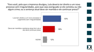 "Para você, pelo que a imprensa divulgou, Lula deveria ter direito a um novo
processo sem irregularidades, para que seja averiguado se ele cometeu ou não
algum crime; ou a sentença atual deve ser mantida e ele continuar preso?"
17
 