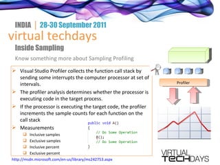 Inside Sampling Know something more about Sampling Profiling Visual Studio Profiler collects the function call stack by sending some interrupts the computer processor at set of intervals.  The profiler analysis determines whether the processor is executing code in the target process.  If the processor is executing the target code, the profiler increments the sample counts for each function on the call stack Measurements Inclusive samples Exclusive samples Inclusive percent Exclusive percent http :// msdn.microsoft.com/en-us/library/ms242753.aspx Profiler virtual techdays INDIA  │  28-30 September 2011 