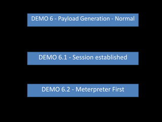 DEMO 6 - Payload Generation - Normal




  DEMO 6.1 - Session established



   DEMO 6.2 - Meterpreter First
 