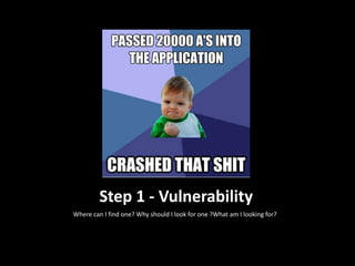 Step 1 - Vulnerability
Where can I find one? Why should I look for one ?What am I looking for?
 