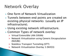  One form of Network Virtualization
 Tunnels between end points are created on
existing physical networks (usually an IP
infrastructure).
 Using existing network infrastructure.
 Common Types of network overlay:
 Virtual Extensible LAN (VXAN)
 Network Virtualization using Generic Encapsulation
(NVGRE)
 Stateless Transport Tunneling (STT)
 Network Virtualization Overlay 3 (NVO3)
 