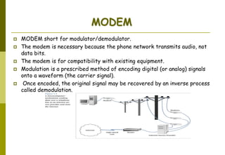  MODEM short for modulator/demodulator.
 The modem is necessary because the phone network transmits audio, not
data bits.
 The modem is for compatibility with existing equipment.
 Modulation is a prescribed method of encoding digital (or analog) signals
onto a waveform (the carrier signal).
 Once encoded, the original signal may be recovered by an inverse process
called demodulation.
MODEM
 