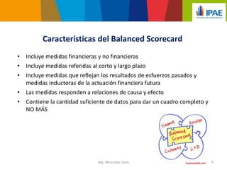 • Incluye medidas financieras y no financieras
• Incluye medidas referidas al corto y largo plazo
• Incluye medidas que reflejan los resultados de esfuerzos pasados y
medidas inductoras de la actuación financiera futura
• Las medidas responden a relaciones de causa y efecto
• Contiene la cantidad suficiente de datos para dar un cuadro completo y
NO MÁS
Características del Balanced Scorecard
Mg. Mercedes Cano 9
 