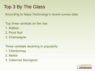 Top 3 By The Glass
According to Napa Technology’s recent survey data:
Top three varietals on the rise:
1. Malbec
2. Pinot Noir
3. Champagne
Three varietals declining in popularity:
1. Chardonnay
2. Merlot
3. Cabernet Sauvignon
 