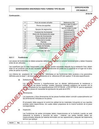GENERADORES SINCRONOS PARA TURBINA TIPO BULBO
ESPECIFICACIÓN
CFE W4200-31
24 de 94
161215 Rev
Continuación…
11 Pozo de acceso al bulbo Referencia [16]
12 Pernos de soportes
ASTM A 668 CLASE F
FORJADO
13 Apoyos de segmentos
ASTM A 668 CLASE
LH FORJADO
14 Cuerpos de chumaceras Referencia [16]
15 Disco de chumacera de carga Referencia [16]
16 Cubas de chumaceras Referencia [15]
17 Parte central del rotor Referencia [16]
18 Patas de la cruceta Referencia [16]
19 Flechas Referencia [20]
20 Cubo de chumaceras Referencia [20]
21 Gatos de frenado Referencia [16]
22 Espárragos Referencia [42]
23 Laminado del rotor
Referencia [43]
GRADO 80
6.8.1.1 Fundiciones
Las piezas de fundiciones no deben presentar defectos que impidan el correcto funcionamiento y deben limpiarse
antes de ser utilizadas.
Las superficies que no sean maquinadas y que vayan a quedar expuestas después de la instalación final, deben
estar en tal condición que no sea necesario realizar operaciones de pulido de la superficie en el lugar de la obra,
antes de aplicar la pintura.
Los criterios de aceptación de inperfecciones detectadas en las fundiciones debe acotarse a los parametros
definidos para la clase 1, del documento establecido en la referencia [37] del capitulo 13 de esta especificación
a) Soldaduras de reparación.
Los defectos menores o imperfecciones que no afecten definitivamente la resistencia o
utilización de las piezas fundidas, pueden repararse mediante soldadura de acuerdo con la
práctica aceptada por las especificaciones CFE DY700-08 y CFE DY700-16 para la reparación
de dichas piezas sin necesidad de aprobación de parte de la CFE.
b) Dimensiones.
Los espesores y otras dimensiones de las piezas fundidas deben coincidir sustancialmente con
las dimensiones indicadas en los planos.
El proveedor debe asegurar el control de calidad de los materiales incluyendo en sus reportes
pruebas sobre especímenes, los cuales deben prepararse de la misma fundición de la pieza
correspondiente.
c) Inspección.
Las fundiciones de partes principales deben inspeccionarse en la fundición cuando se esté
realizando la limpieza o remoción de sobre - material. Las partes también deben ser
inspeccionadas después de haberse terminado con las reparaciones y después del tratamiento
térmico que aplique.
D
O
C
U
M
EN
TO
EN
PER
IO
D
O
D
E
EN
TR
AD
A
EN
VIG
O
R
 