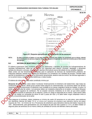 GENERADORES SINCRONOS PARA TURBINA TIPO BULBO
ESPECIFICACIÓN
CFE W4200-31
58 de 94
161215 Rev
Figura A1. Esquema ejemplificado de la Ubicación de los sensores.
NOTA: Se debe suministrar el tablero, el cual debe alojar los monitores para analizar los parámetros que se indican, además
de la señalización de alarmas y disparos. Debe estar alojado en el gabinete de control de la turbina para el libre acceso
del operador.
B.2 SISTEMA DE MONITOREO Y DIAGNÓSTICO
El sistema supervisorio para monitoreo en línea de vibraciones y variables de proceso de turbogeneradores de
centrales hidroeléctricas, debe ser un sistema con capacidad para adquirir, procesar, desplegar y almacenar
señales de vibración y proceso; debe generar reportes informativos acerca del estado de las variables vigiladas.
Debe contar con las herramientas necesarias para la aplicación de técnicas de mantenimiento predictivo de
máquinas rotatorias, basado en el análisis de vibraciones y su correlación con variables de proceso. También debe
permitir la transferencia y consulta de la información almacenada, desde la sala de control, las oficinas regionales o
en la central misma, mediante líneas telefónicas o redes locales.
El sistema de vibraciones debe estar constituido mínimo por:
Sensores de entrehierro: estos deben monitorear dinámicamente el entrehierro del estator/rotor, bajo todas las
condiciones de operación, desde grupo parado hasta máquina en sobrevelocidad. Los sensores deben ser del tipo
capacitivo, ya que proporcionan la operación mas confiable en el campo magnético donde se instalan, el polvo, el
aceite y las partículas de carbón. Los sensores deben ser instalados solamente en el estator y no deben bloquear
mas de dos (2) agujeros de ventilacion. No se aceptan sensores instalados en el rotor ya que estos pueden
desprenderse durante la operación de la máquina y poner en riesgo la seguridad de la misma. Cada sensor debe
ser facil de instalar sin necesidad de retirar el rotor o polos del rotor y no debe haber ningún adaptador entre el
sensor y el acondicionador de la señal.
Para asegurar el monitoreo, deben instalarse un mínimo de cuatro (4) sensores en un solo plano, para estatores
con diametros internos de hasta 7.5 m, un mínimo de 8 sensores de entrehierro para diámetros internos del estator
mayores de 7.5m. Un mínimo de 12 a 16 sensores de entrehierro para diámetros internos del estator mayores de
12m. Adicionalmente, para generadores con una longitud de polo del rotor superior a 1.5 m, se debe instalar un
segundo plano de sensores con el mismo criterio de cantidad en función del diámetro interno del estator
D
O
C
U
M
EN
TO
EN
PER
IO
D
O
D
E
EN
TR
AD
A
EN
VIG
O
R
 