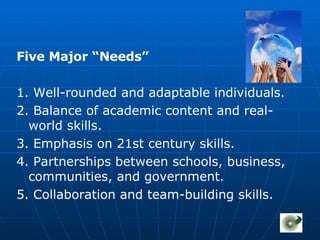 Five Major “Needs” 1. Well-rounded and adaptable individuals. 2. Balance of academic content and real-  world skills. 3. Emphasis on 21st century skills. 4. Partnerships between schools, business, communities, and government. 5. Collaboration and team-building skills. 