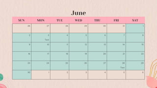 June
SUN MON TUE WED THU FRI SAT
26 27 28 29 30 31 1
2 3
Text
4 5 6 7 8
9 10 11 12 13 14 15
16 17 18 19 20 21 22
23 24 25 26 27 28
Text
29
30 1 2 3 4 5 6
 