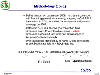 Methodology (cont.)
– Define an abstract data model (ADM) to present coverage
with line string geometry in memory, mapping He5/HIRDLS
Swath data to ADM, in addition to manipulate and process
coverage on ADM.
– Dataset in ADM is a one/two (not more than two)
dimension array. One of the dimensions is nTime
dimension associated with Time and then mapped to
Longitude/Latitude indirectly;
– One coverage is identified by its name ID and correspond
to one Swath data field in HIRDLS data file.
e.g. HIRDLS2_v2.02.07-c3_2007d053.he5:SWATH:HIRDLS:O3

File Name

Data Type Field name
Swath name
Data

CSISS
10/08/2007

Center for Spatial Information Science and Systems

Page 12

 