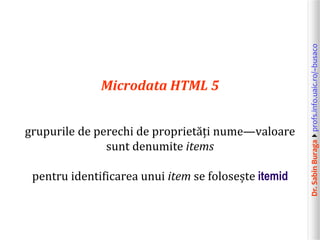 Dr.SabinBuragaprofs.info.uaic.ro/~busaco
Microdata HTML 5
grupurile de perechi de proprietăți nume—valoare
sunt denumite items
pentru identificarea unui item se folosește itemid
 