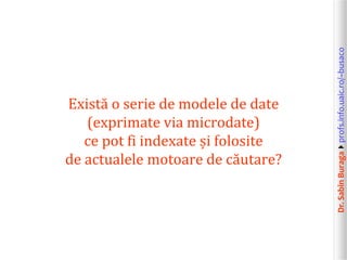 Dr.SabinBuragaprofs.info.uaic.ro/~busaco
Există o serie de modele de date
(exprimate via microdate)
ce pot fi indexate și folosite
de actualele motoare de căutare?
 