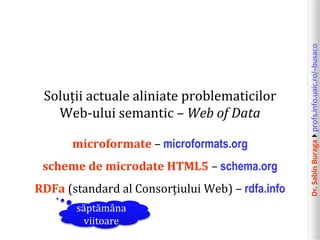 Dr.SabinBuragaprofs.info.uaic.ro/~busaco
Soluții actuale aliniate problematicilor
Web-ului semantic – Web of Data
microformate – microformats.org
scheme de microdate HTML5 – schema.org
RDFa (standard al Consorțiului Web) – rdfa.info
săptămâna
viitoare
 