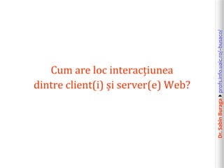Dr.SabinBuragaprofs.info.uaic.ro/~busaco/
Cum are loc interacțiunea
dintre client(i) și server(e) Web?
 