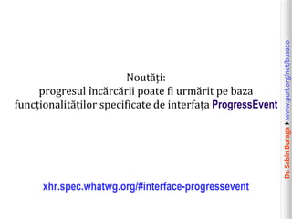 Dr.SabinBuragawww.purl.org/net/busaco
Noutăți:
progresul încărcării poate fi urmărit pe baza
funcționalităților specificate de interfața ProgressEvent
xhr.spec.whatwg.org/#interface-progressevent
 