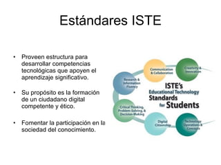 Estándares ISTE Proveen estructura para desarrollar competencias tecnológicas que apoyen el aprendizaje significativo. Su propósito es la formación de un ciudadano digital competente y ético. Fomentar la participación en la sociedad del conocimiento. 