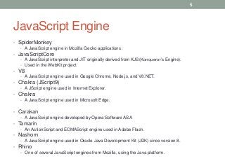 JavaScript Engine
• SpiderMonkey
• A JavaScript engine in Mozilla Gecko applications
• JavaScriptCore
• A JavaScript interpreter and JIT originally derived from KJS(Konqueror’s Engine).
• Used in the WebKit project
• V8
• A JavaScript engine used in Google Chrome, Node.js, and V8.NET.
• Chakra (JScript9)
• A JScript engine used in Internet Explorer.
• Chakra
• A JavaScript engine used in Microsoft Edge.
• Carakan
• A JavaScript engine developed by Opera Software ASA
• Tamarin
• An ActionScript and ECMAScript engine used in Adobe Flash.
• Nashorn
• A JavaScript engine used in Oracle Java Development Kit (JDK) since version 8.
• Rhino
• One of several JavaScript engines from Mozilla, using the Java platform.
5
 