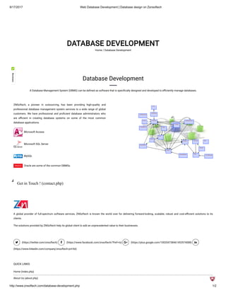 8/17/2017 Web Database Development | Database design on Zsnsoftech
http://www.znsoftech.com/database-development.php 1/2
DATABASE DEVELOPMENT
Home / Database Development
Database Development
A Database Management System (DBMS) can be de ned as software that is speci cally designed and developed to e ciently manage databases.
ZNSoftech, a pioneer in outsourcing, has been providing high-quality and
professional database management system services to a wide range of global
customers. We have professional and pro cient database administrators who
are e cient in creating database systems on some of the most common
database applications.
  Microsoft Access
  Microsoft SQL Server
  MySQL
  Oracle are some of the common DBMSs.
Get in Touch ! (contact.php)
A global provider of full-spectrum software services, ZNSoftech is known the world over for delivering forward-looking, scalable, robust and cost-e cient solutions to its
clients.
The solutions provided by ZNSoftech help its global client to add an unprecedented value to their businesses.
 (https://twitter.com/znsoftech)  (https://www.facebook.com/znsoftech/?fref=ts)  (https://plus.google.com/100204738461453574088) 
(https://www.linkedin.com/company/znsoftech-pvt-ltd)
QUICK LINKS
Home (index.php)
About Us (about.php)
 