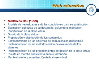 Web educativa Modelo de Hsu (1999) Análisis de necesidades y de las condiciones para su satisfacción  Estimación del coste de su desarrollo, esfuerzo e implicación  Planificación de la clase virtual  Diseño de la clase virtual  Preparación y distribución de los contenidos  Establecimiento de los sistemas de comunicación disponibles Implementación de los métodos online de evaluación de los alumnos Implementación de los procedimientos de gestión de la clase virtual Puesta en marcha del sistema de tele formación Mantenimiento y actualización de la clase virtual  