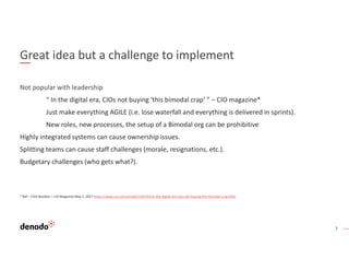 7
Great idea but a challenge to implement
Not popular with leadership
“ In the digital era, CIOs not buying ‘this bimodal crap’ ” – CIO magazine*
Just make everything AGILE (i.e. lose waterfall and everything is delivered in sprints).
New roles, new processes, the setup of a Bimodal org can be prohibitive
Highly integrated systems can cause ownership issues.
Splitting teams can cause staff challenges (morale, resignations, etc.).
Budgetary challenges (who gets what?).
* Ref – Clint Boulton – CIO Magazine May 2, 2017 https://www.cio.com/article/3193793/in-the-digital-era-cios-not-buying-this-bimodal-crap.html
 