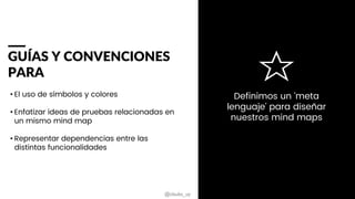 @claubs_uy
• El uso de símbolos y colores
• Enfatizar ideas de pruebas relacionadas en
un mismo mind map
• Representar dependencias entre las
distintas funcionalidades
GUÍAS Y CONVENCIONES
PARA
Definimos un ‘meta
lenguaje’ para diseñar
nuestros mind maps
 