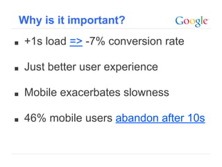 ■ +1s load => -7% conversion rate
■ Just better user experience
■ Mobile exacerbates slowness
■ 46% mobile users abandon after 10s
Why is it important?
 