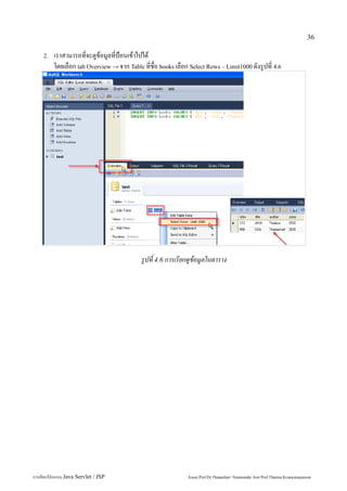 36

    2.   เราสามารถที่จะดูข้อมูลที่ป้อนเข้าไปได้
         โดยเลือก tab Overview → จาก Table ที่ชื่อ books เลือก Select Rows – Limit1000 ดังรูปที่ 4.6




                                           รูปที่ 4.6 การเรียกดูข้อมูลในตาราง




การเขียนโปรแกรม Java Servlet / JSP                            Assoc.Prof.Dr.Thanachart Numnonda/ Asst Prof.Thanisa Kruawaisayawan
 
