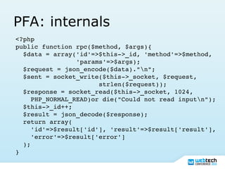 PFA: internals
<?php
public function rpc($method, $args){
  $data = array('id'=>$this­>_id, 'method'=>$method,
                'params'=>$args);
  $request = json_encode($data)."n";
  $sent = socket_write($this­>_socket, $request,
                      strlen($request));
  $response = socket_read($this­>_socket, 1024,
    PHP_NORMAL_READ)or die("Could not read inputn");
  $this­>_id++;
  $result = json_decode($response);
  return array(
    'id'=>$result['id'], 'result'=>$result['result'],
    'error'=>$result['error']
  );
}
 