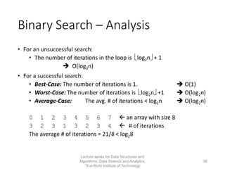 38
Binary Search – Analysis
• For an unsuccessful search:
• The number of iterations in the loop is log2n + 1
 O(log2n)
• For a successful search:
• Best-Case: The number of iterations is 1.  O(1)
• Worst-Case: The number of iterations is log2n +1  O(log2n)
• Average-Case: The avg. # of iterations < log2n  O(log2n)
0 1 2 3 4 5 6 7  an array with size 8
3 2 3 1 3 2 3 4  # of iterations
The average # of iterations = 21/8 < log28
Lecture series for Data Structures and
Algorithms, Data Science and Analytics,
Thai-Nichi Institute of Technology
 