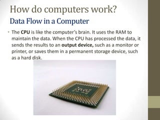 How do computers work?
Data Flow in a Computer
• The CPU is like the computer’s brain. It uses the RAM to
  maintain the data. When the CPU has processed the data, it
  sends the results to an output device, such as a monitor or
  printer, or saves them in a permanent storage device, such
  as a hard disk.
 