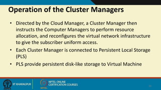 Operation of the Cluster Managers
• Directed by the Cloud Manager, a Cluster Manager then
instructs the Computer Managers to perform resource
allocation, and reconfigures the virtual network infrastructure
to give the subscriber uniform access.
• Each Cluster Manager is connected to Persistent Local Storage
(PLS)
• PLS provide persistent disk-like storage to Virtual Machine
13
 