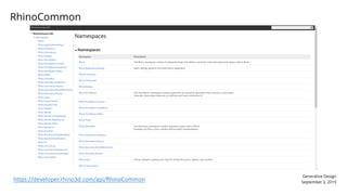 Generative Design
September 3, 2019
RhinoCommon
https://developer.rhino3d.com/api/RhinoCommon
 