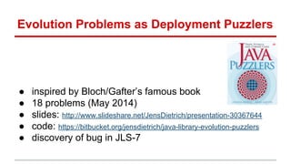 Evolution Problems as Deployment Puzzlers
● inspired by Bloch/Gafter’s famous book
● 18 problems (May 2014)
● slides: http://www.slideshare.net/JensDietrich/presentation-30367644
● code: https://bitbucket.org/jensdietrich/java-library-evolution-puzzlers
● discovery of bug in JLS-7
 