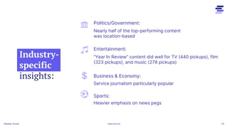Industry-
specific
insights:
Stacker 24
Politics/Government:
Entertainment:
Business & Economy:
Sports:
Nearly half of the top-performing content
was location-based
“Year In Review” content did well for TV (440 pickups), film
(323 pickups), and music (278 pickups)
Service journalism particularly popular
Heavier emphasis on news pegs
Stacker Studio SearchLove
 