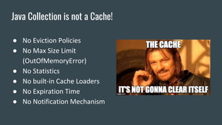 ● No Eviction Policies
● No Max Size Limit
(OutOfMemoryError)
● No Statistics
● No built-in Cache Loaders
● No Expiration Time
● No Notification Mechanism
Java Collection is not a Cache!
 