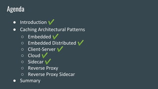 ● Introduction ✔
● Caching Architectural Patterns
○ Embedded ✔
○ Embedded Distributed ✔
○ Client-Server ✔
○ Cloud ✔
○ Sidecar ✔
○ Reverse Proxy
○ Reverse Proxy Sidecar
● Summary
Agenda
 