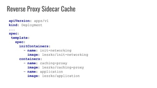 Reverse Proxy Sidecar Cache
apiVersion: apps/v1
kind: Deployment
...
spec:
template:
spec:
initContainers:
- name: init-networking
image: leszko/init-networking
containers:
- name: caching-proxy
image: leszko/caching-proxy
- name: application
image: leszko/application
 