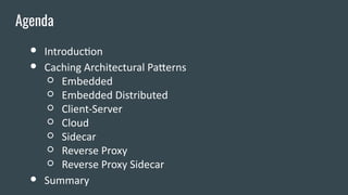 ● Introduction
● Caching Architectural Patterns
○ Embedded
○ Embedded Distributed
○ Client-Server
○ Cloud
○ Sidecar
○ Reverse Proxy
○ Reverse Proxy Sidecar
● Summary
Agenda
 