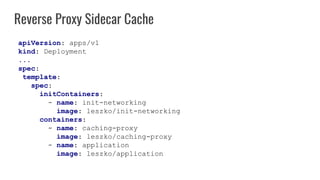 Reverse Proxy Sidecar Cache
apiVersion: apps/v1
kind: Deployment
...
spec:
template:
spec:
initContainers:
- name: init-networking
image: leszko/init-networking
containers:
- name: caching-proxy
image: leszko/caching-proxy
- name: application
image: leszko/application
 