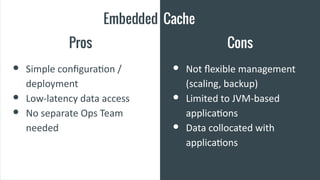 Embedded Cache
Pros Cons
● Simple configuration /
deployment
● Low-latency data access
● No separate Ops Team
needed
● Not flexible management
(scaling, backup)
● Limited to JVM-based
applications
● Data collocated with
applications
 