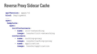Reverse Proxy Sidecar Cache
apiVersion: apps/v1
kind: Deployment
...
spec:
template:
spec:
initContainers:
- name: init-networking
image: leszko/init-networking
containers:
- name: caching-proxy
image: leszko/caching-proxy
- name: application
image: leszko/application
 