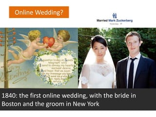 Online Wedding?
1840: the first online wedding, with the bride in
Boston and the groom in New York
 