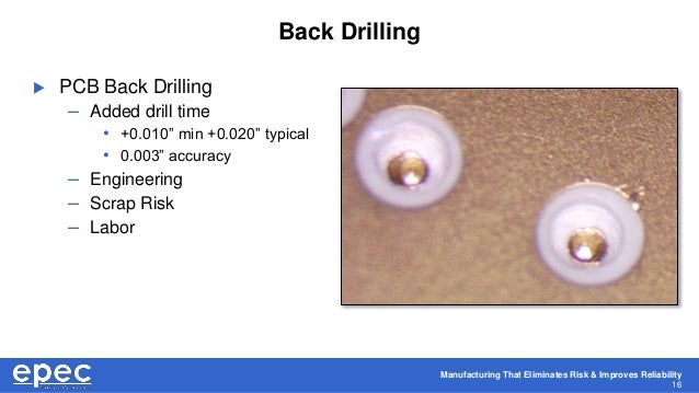 Manufacturing That Eliminates Risk & Improves Reliability
16
Back Drilling
 PCB Back Drilling
– Added drill time
• +0.010” min +0.020” typical
• 0.003” accuracy
– Engineering
– Scrap Risk
– Labor
 