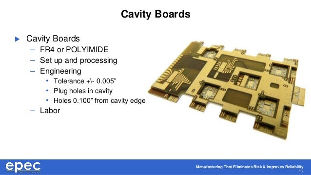 Manufacturing That Eliminates Risk & Improves Reliability
17
Cavity Boards
 Cavity Boards
– FR4 or POLYIMIDE
– Set up and processing
– Engineering
• Tolerance +- 0.005”
• Plug holes in cavity
• Holes 0.100” from cavity edge
– Labor
 