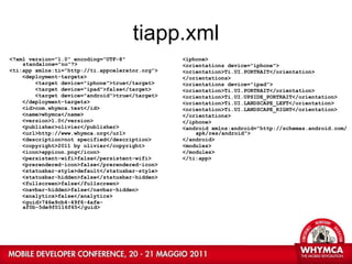 tiapp.xml <?xml version=&quot;1.0&quot; encoding=&quot;UTF-8&quot; standalone=&quot;no&quot;?> <ti:app xmlns:ti=&quot;http://ti.appcelerator.org&quot;> <deployment-targets> <target device=&quot;iphone&quot;>true</target> <target device=&quot;ipad&quot;>false</target> <target device=&quot;android&quot;>true</target> </deployment-targets> <id>com.whymca.test</id> <name>whymca</name> <version>1.0</version> <publisher>olivier</publisher> <url>http://www.whymca.org</url> <description>not specified</description> <copyright>2011 by olivier</copyright> <icon>appicon.png</icon> <persistent-wifi>false</persistent-wifi> <prerendered-icon>false</prerendered-icon> <statusbar-style>default</statusbar-style> <statusbar-hidden>false</statusbar-hidden> <fullscreen>false</fullscreen> <navbar-hidden>false</navbar-hidden> <analytics>false</analytics> <guid>746e9cb4-49f6-4afe-af0b-5de9f0116f65</guid> <iphone> <orientations device=&quot;iphone&quot;> <orientation>Ti.UI.PORTRAIT</orientation> </orientations> <orientations device=&quot;ipad&quot;> <orientation>Ti.UI.PORTRAIT</orientation> <orientation>Ti.UI.UPSIDE_PORTRAIT</orientation> <orientation>Ti.UI.LANDSCAPE_LEFT</orientation> <orientation>Ti.UI.LANDSCAPE_RIGHT</orientation> </orientations> </iphone> <android xmlns:android=&quot;http://schemas.android.com/apk/res/android&quot;> </android> <modules> </modules> </ti:app> 