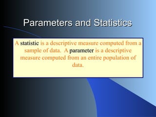Parameters and Statistics

A statistic is a descriptive measure computed from a
    sample of data. A parameter is a descriptive
  measure computed from an entire population of
                          data.
 