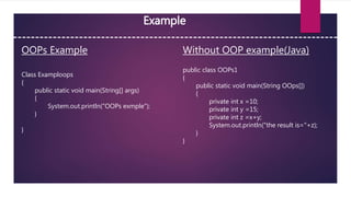 Example
OOPs Example Without OOP example(Java)
Class Examploops
{
public static void main(String[] args)
{
System.out.println("OOPs exmple");
}
}
public class OOPs1
{
public static void main(String OOps[])
{
private int x =10;
private int y =15;
private int z =x+y;
System.out.println("the result is="+z);
}
}
 