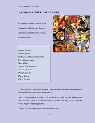 TRAJES TIPICOS DEL ECUADOR


LAS COMIDAS TÍPICAS ANCESTRALES.



Se conservan en su mayor parte en las

Fiestas antes indicadas, con algunas

Variantes en el cambio de un producto

Por otro al evento.




Sopa de chuchuca
Sopa de quinua
Caldo y estofado de gallina criolla
Cuy asado con papas
Mote pelado
Tortillas de maíz (walus)
Tamales y humitas
Queso y quesillo
Chicha de jora
Chicha de maíz




El varón lleva una cushma y un pantalón corto , hasta las rodillas que es sujetado con
cinturón de cuero con incrustaciones metálicas .

Tanto el hombre como la mujer llevan un sombrero hecho de lana prensada con
harina de maíz lo que le da la tonalidad de la piel de una res ya que es ellos se
dedican en gran parte a la ganadería.

La mujer usa un centro de plisados finos de color negro


                                         16
 